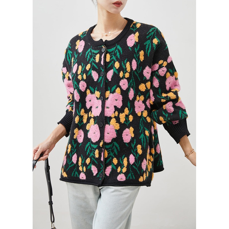 Black Jacquard Knit Cardigan O-Neck Winter