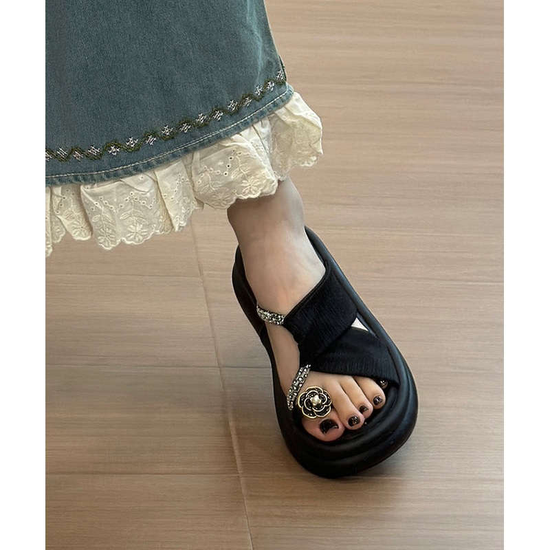 Black Platform Faux Leather Beautiful Hollow Out Slide Sandals