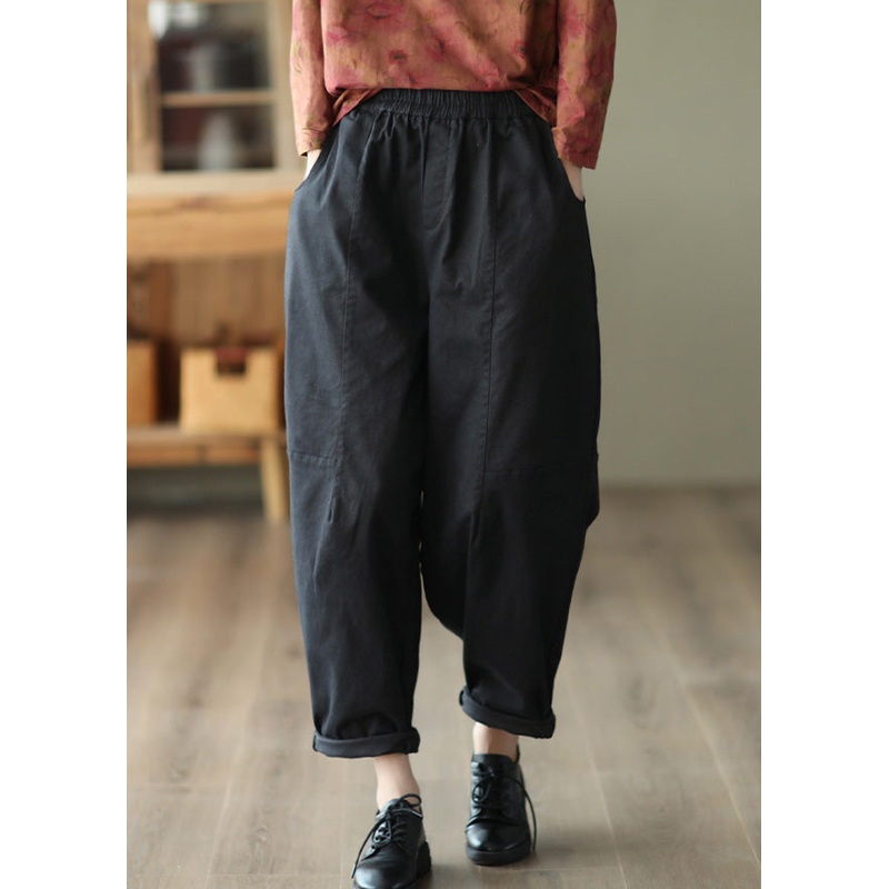 Black Solid Pockets Cotton Crop Pants Elastic Waist