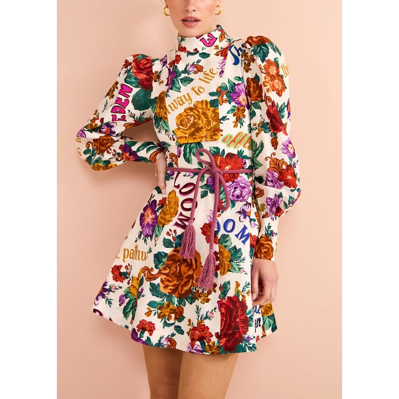 Bohemian Multi Print Tie Waist Cotton Mid Dress Long Sleeve