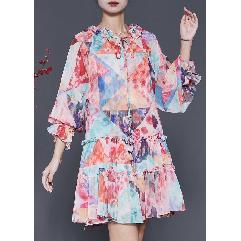 Bohemian Orange Ruffled Print Chiffon Mid Dress Spring