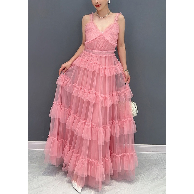 Bohemian Pink V Neck Ruffled Tulle Spaghetti Strap Dress Sleeveless