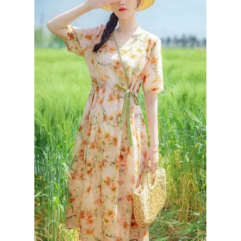 Bohemian V Neck Print Drawstring Linen Dresses Summer