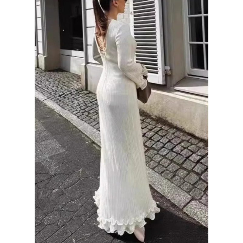 Bohemian White Ruffled Lace Up Cotton Robe Dresses Flare Sleeve