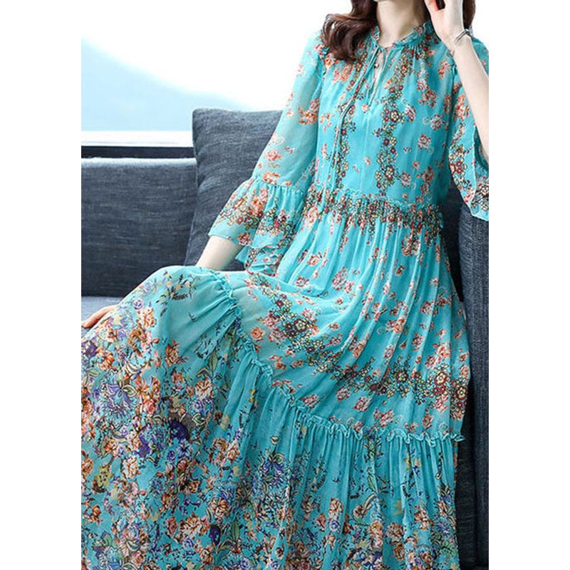 Boho Blue Ruffled Patchwork Print Silk Maxi Dress Flare Sleeve
