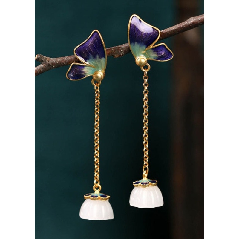 Boho Purple Ancient Gold Enamel Jade Butterfly Drop Earrings