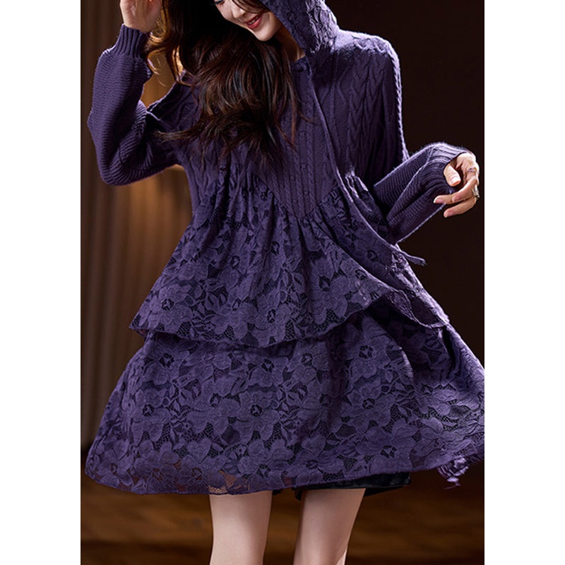 Boutique Purple Knit Patchwork Hooded Mid Dress Spring