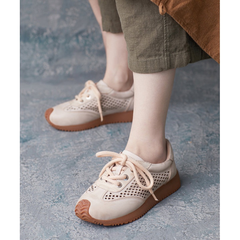 Casual Beige Cowhide Leather Flats Hollow Out Lace Up Flat Feet Shoes