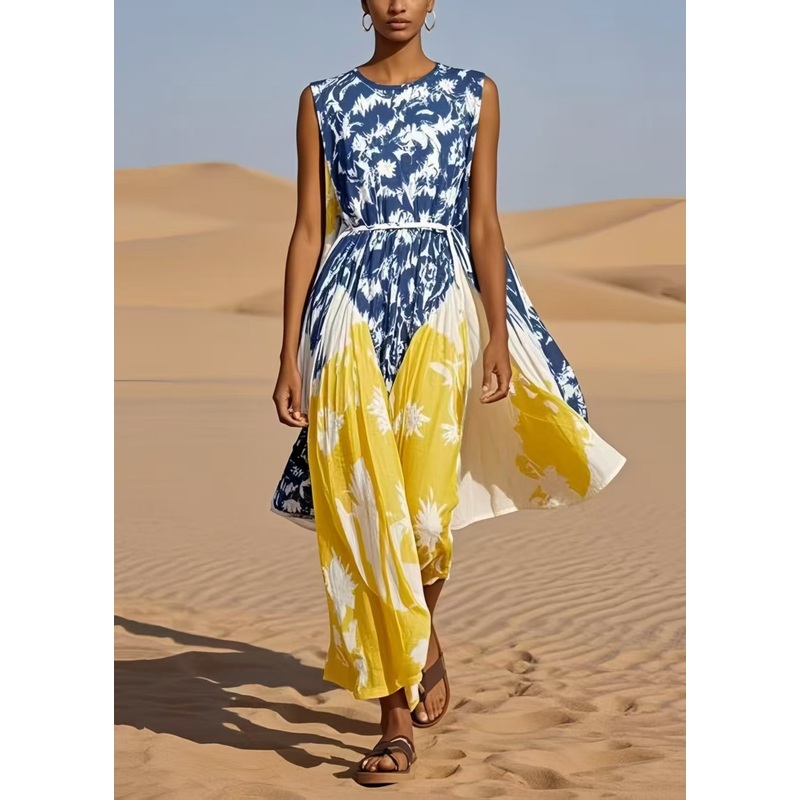 Casual Colorblock Cinched Print Cotton Maxi Dress Sleeveless