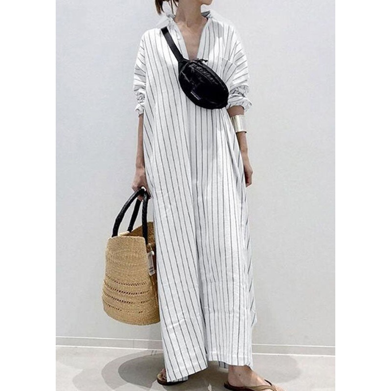 Casual White Peter Pan Collar Striped Maxi Shirts Dresses Long Sleeve