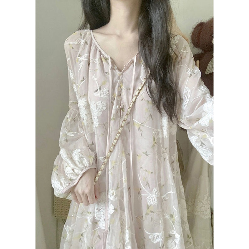 Chic Apricot V Neck Embroidered Silk Mid Dress Lantern Sleeve