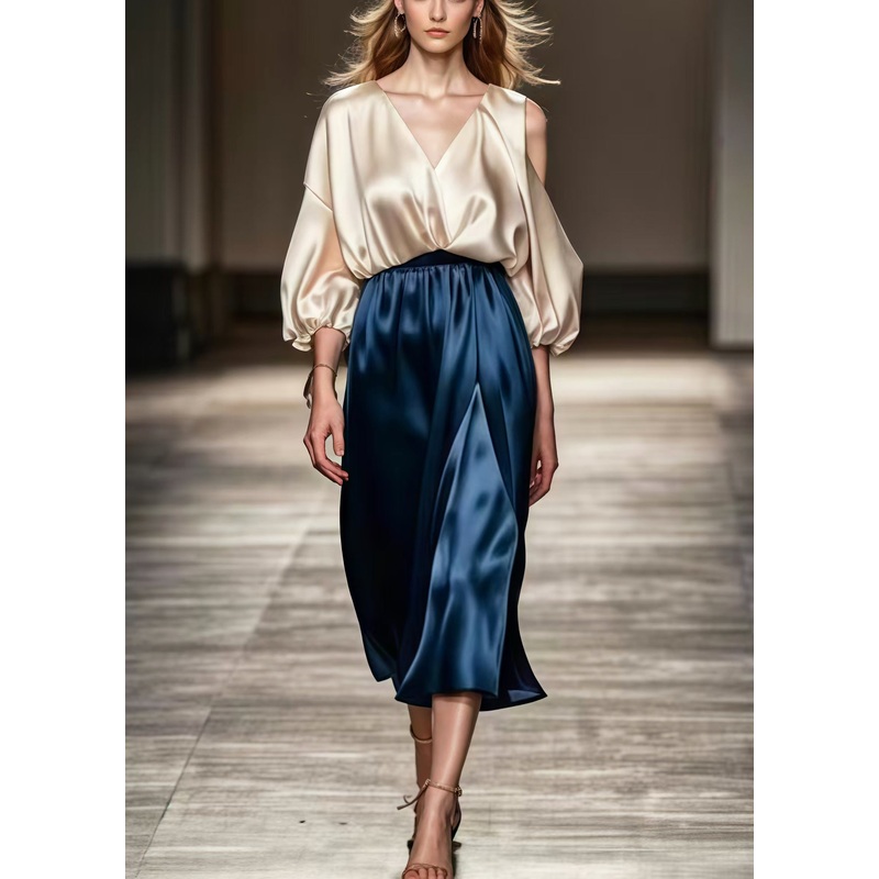 Chic Champagne One Shoulder Patchwork Silk Dresses Spring