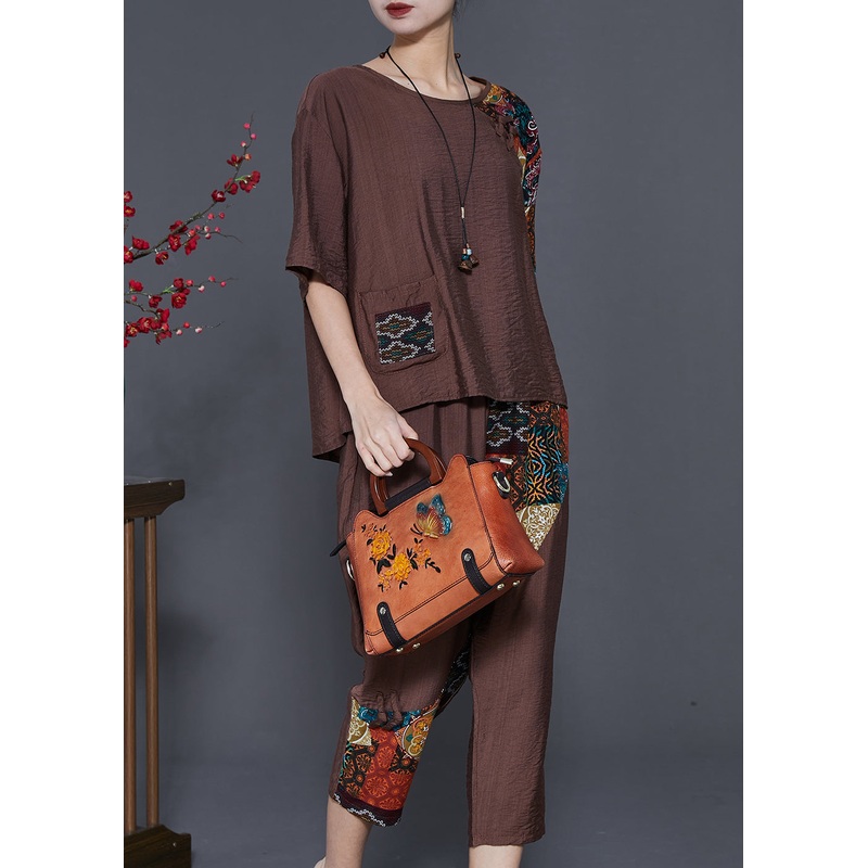 Chic Coffee Chinese Button Patchwork Linen Two Pieces Set Summer