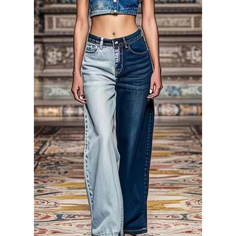 Chic Colorblock Asymmetrical Pockets High Waist Denim Crop Pants Summer