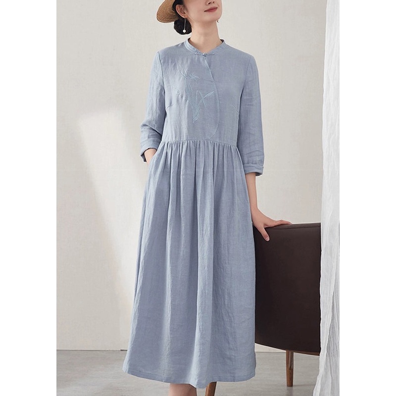 Chinese Style Blue Embroidered Pockets Patchwork Linen Dress Summer