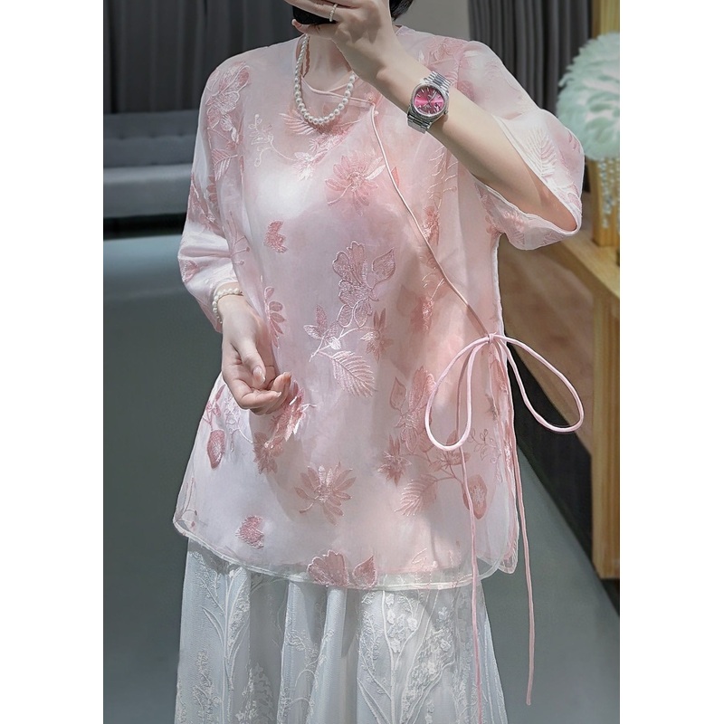 Chinese Style Pink Embroidered Lace Up Tulle Blouses Spring