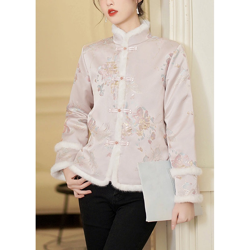 Chinese Style Pink Fur Collar Button Patchwork Thick Parka Winter