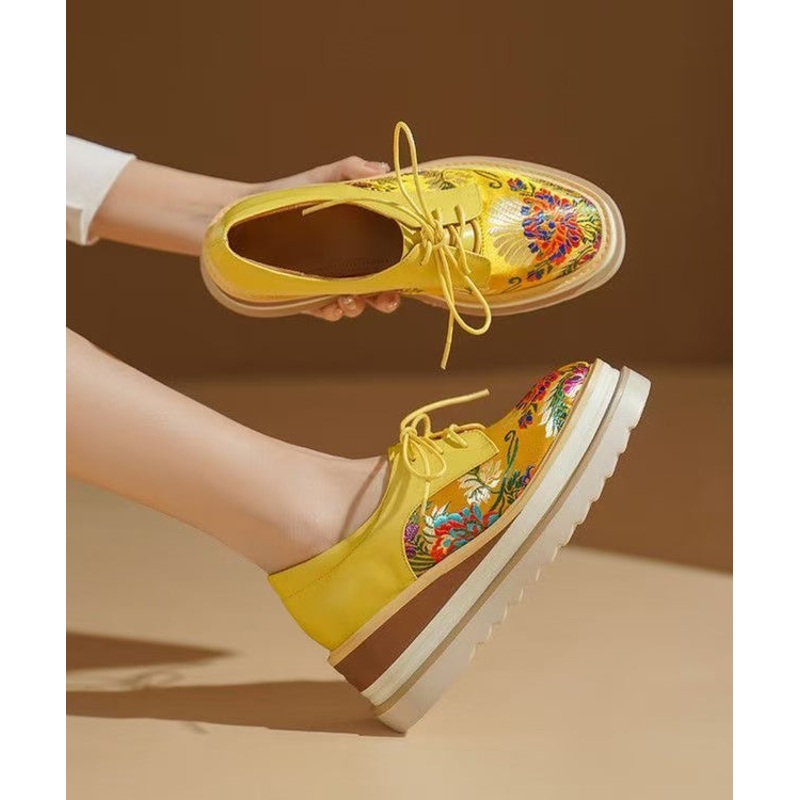 Chinese Style Yellow Embossed Wedge Shoes Lace Up