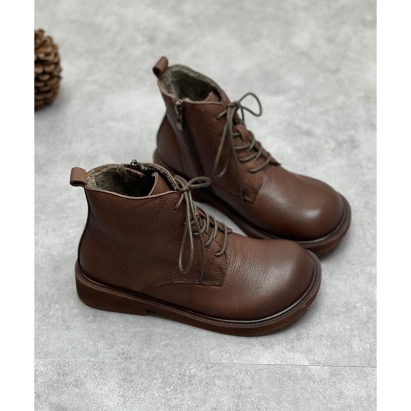 Chocolate Boots Cowhide Leather Warm Fleece Beautiful Lace Up Boots