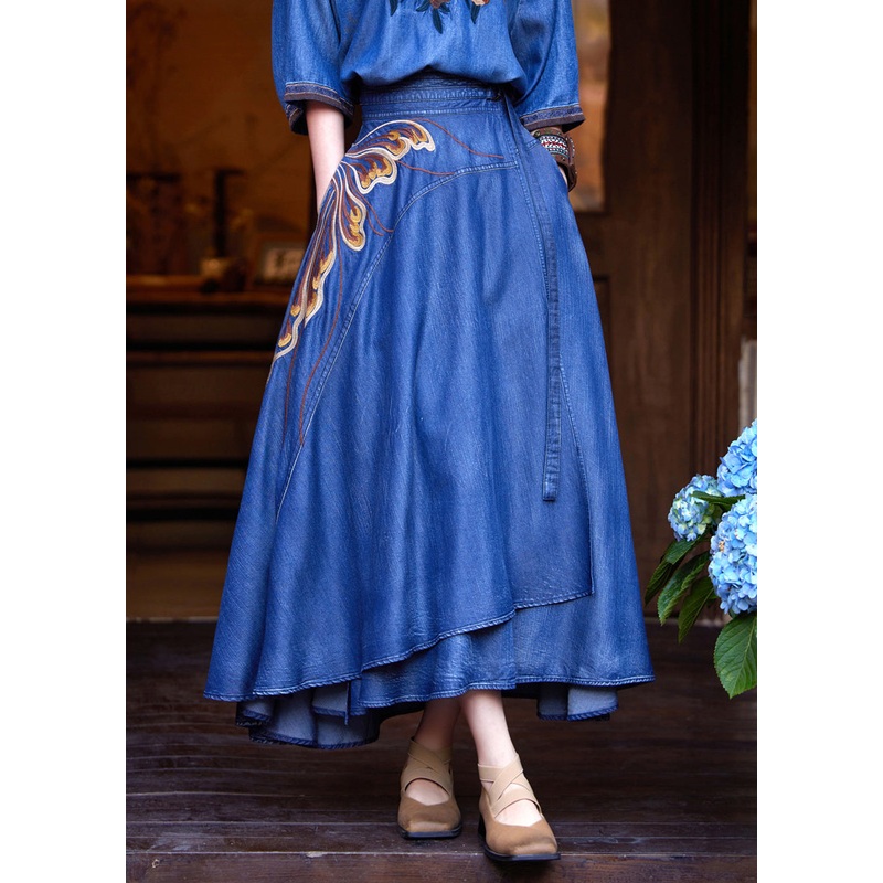 Classy Blue Print High Waist Silk Cotton A Line Denim Skirts Summer