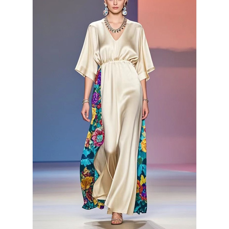 Classy Champagne Print Patchwork Draping Silk Long Dress Summer