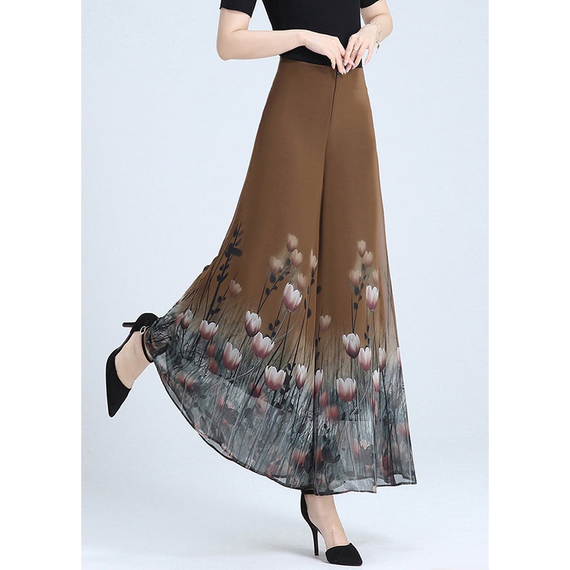 Classy Coffee Print High Waist Chiffon Wide Leg Pants Summer