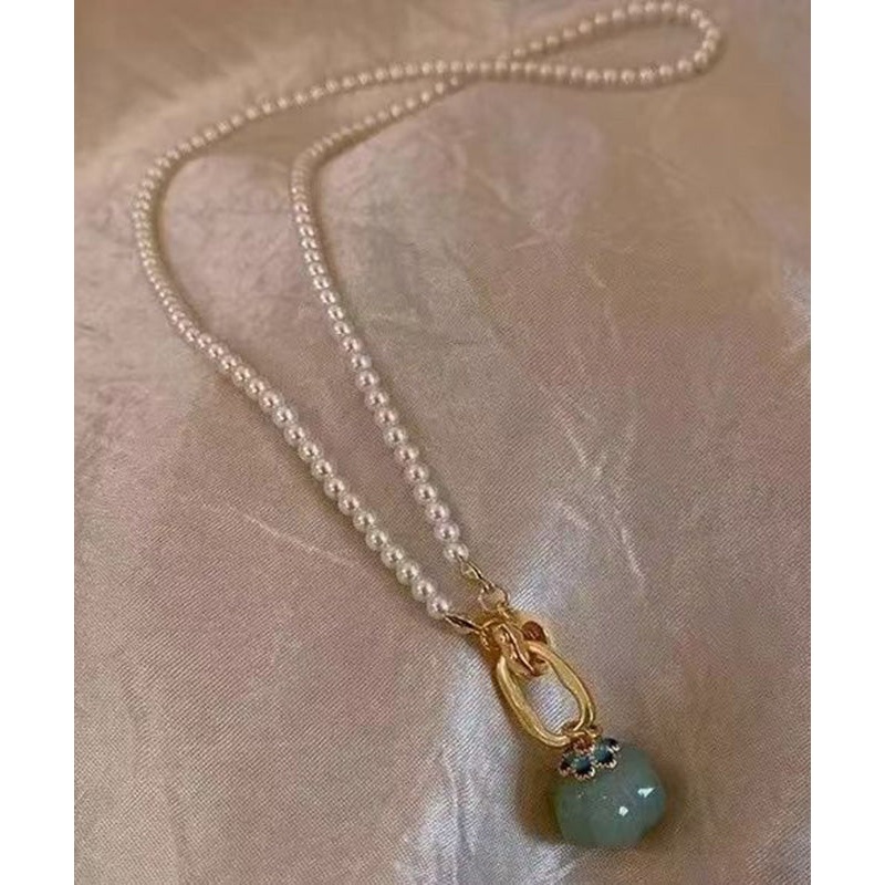 Classy Green Alloy Pearl Jade Beading Pendant Necklace