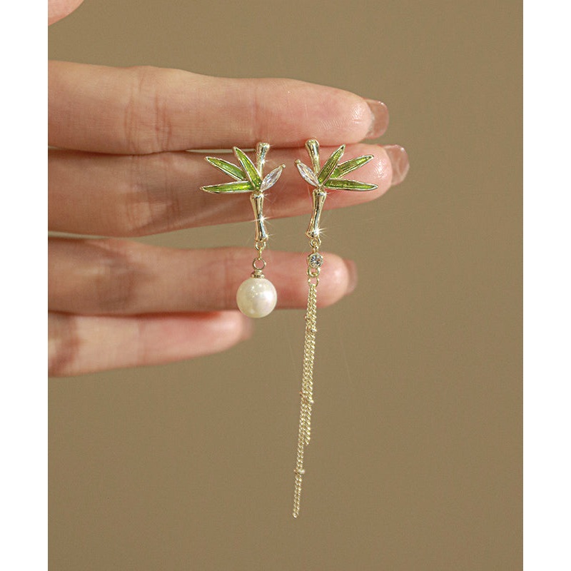 Classy Green Copper Overgild Asymmetry Pearl Tassel Bamboo Leaf Drop Earrings