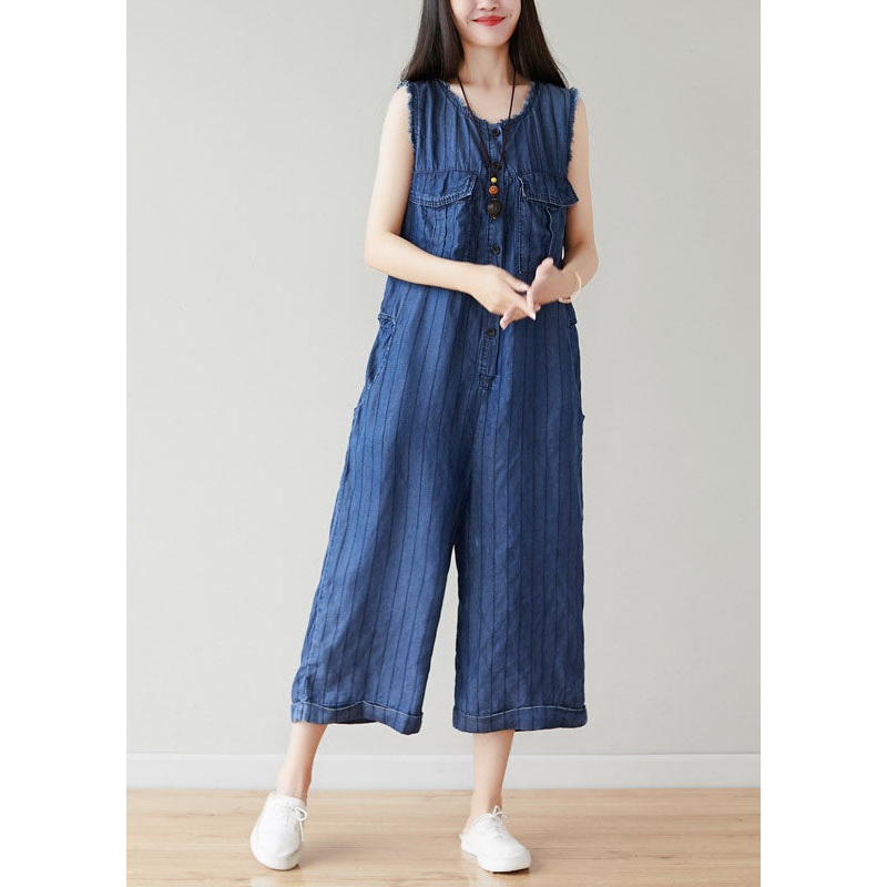 Classy Navy O-Neck Striped Cotton Jumpsuits Wide Leg Pants Sleeveless