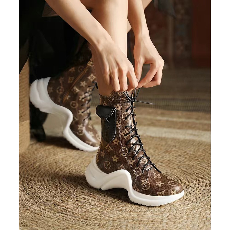Coffee Boots Platform Cowhide Leather Stylish Splicing Cross Strap