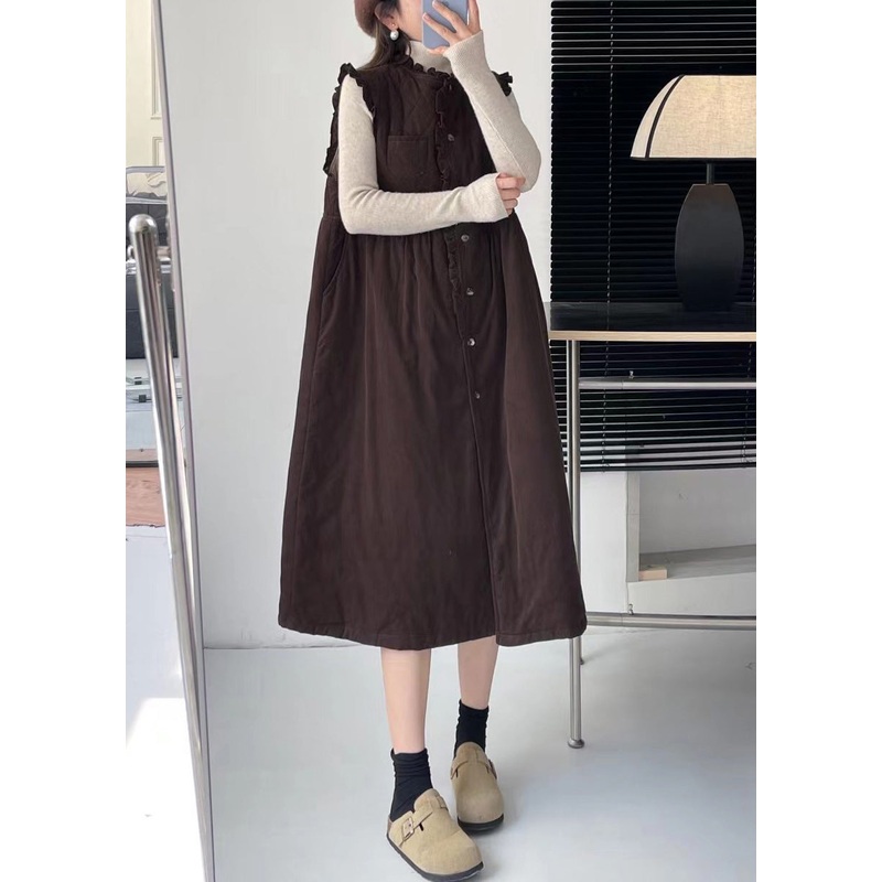 Coffee Pockets Cotton Filled Waistcoat Long Dress Stand Collar Winter