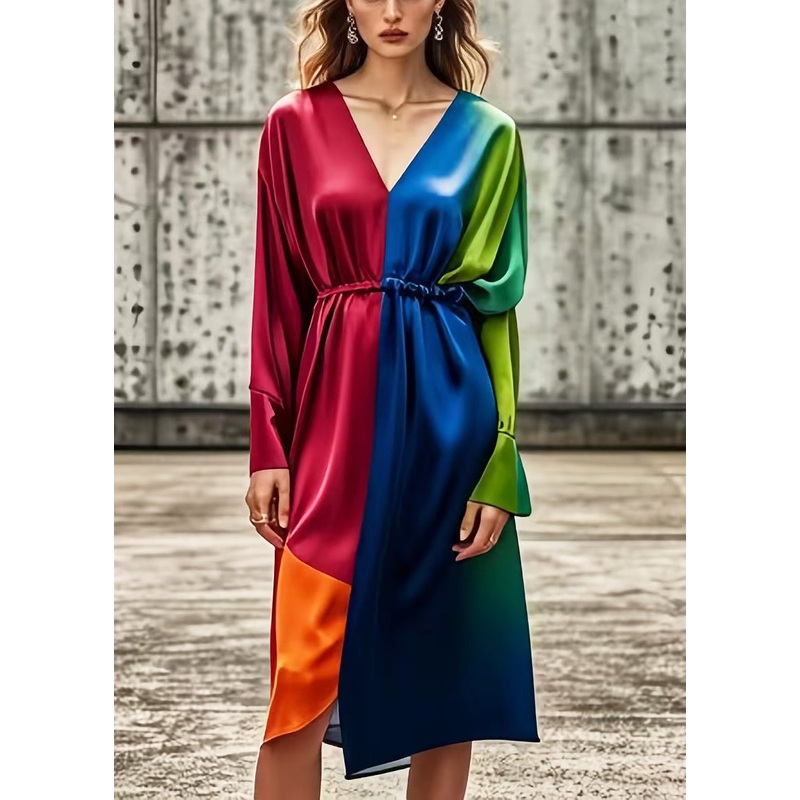 DIY Colorblock V Neck Patchwork Tie Dye Silk Dress Spring