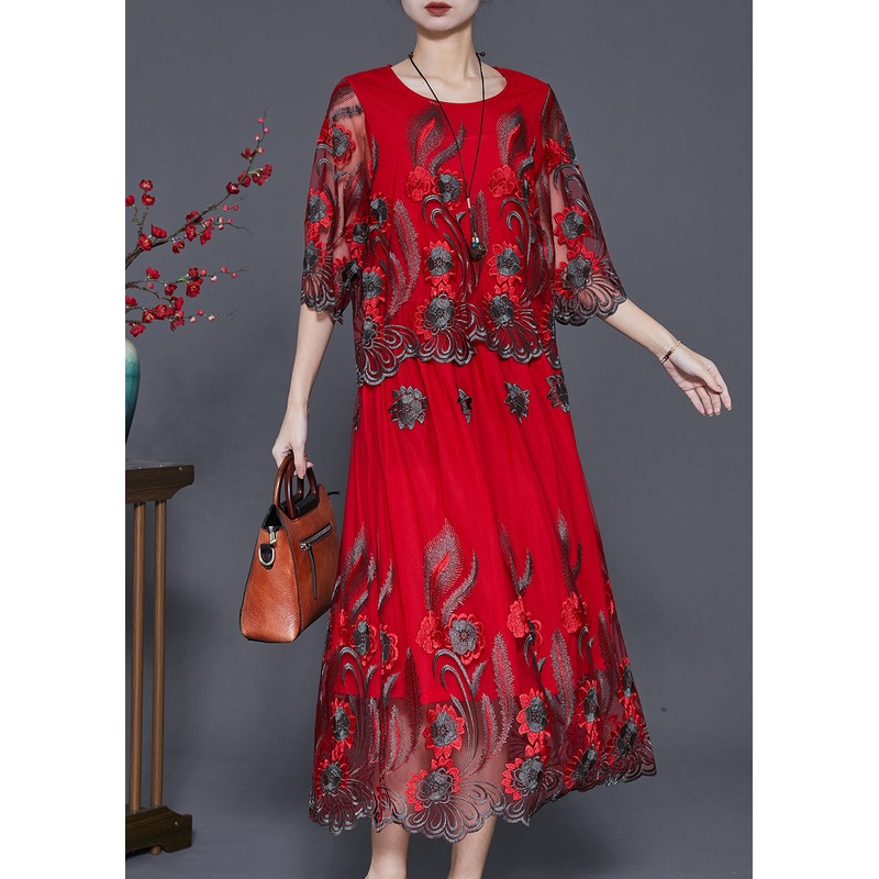 DIY Red Embroidered Tulle Vacation Dresses Summer