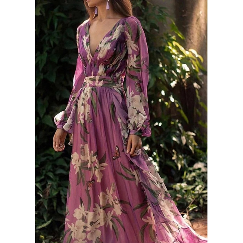 Elegant Butterfly Floral Pattern V Neck Maxi Dress
