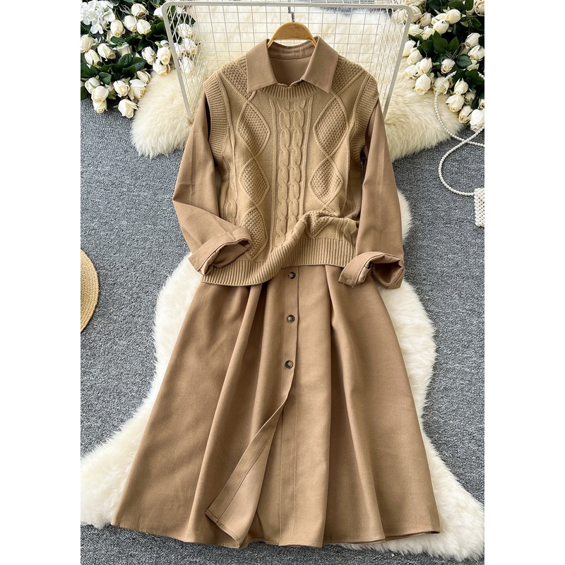 Elegant Khaki Button Knit Vest And Dress Corduroy Two Pieces Set Winter