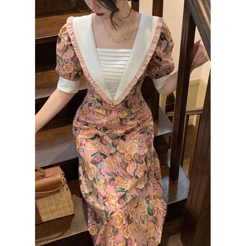 Elegant Pink Ruffled Print Lace Up Cotton Dresses Summer