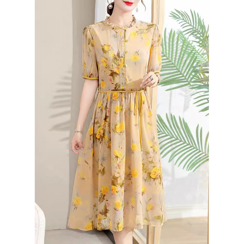 Elegant Yellow Ruffled Print Lace Up Chiffon Dresses Summer
