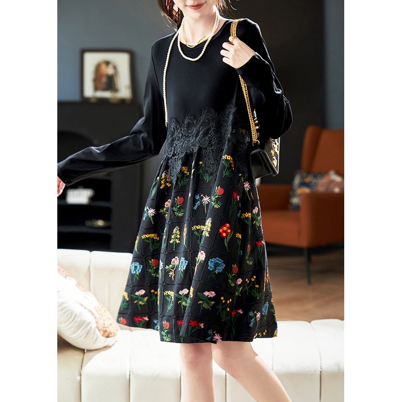 Fashion Black Embroidered Lace Patchwork Cotton Dress Spring