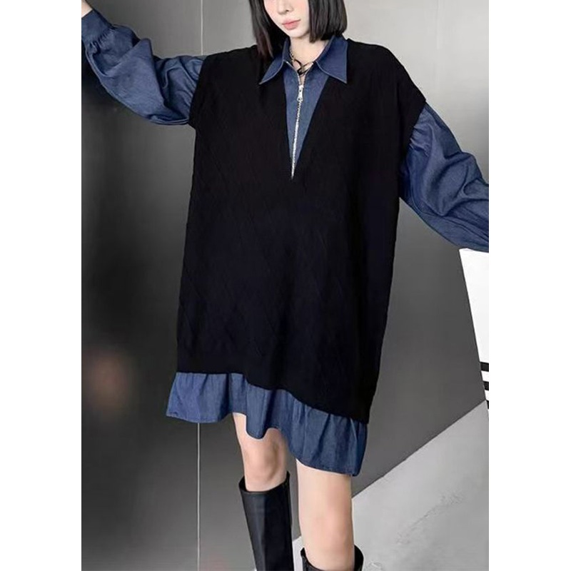 Fashion Black Peter Pan Collar Zippered Patchwork Denim Dresses Spring