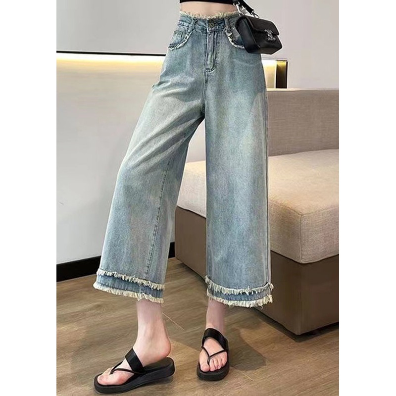 Fashion Blue Tasseled Pockets Denim Wide Leg Pants Spring
