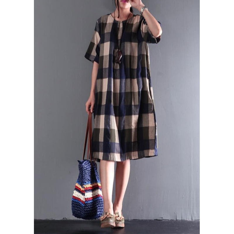 Fine Blue Gray Plaid Summer Dresses Loose Linen Sundresses Short Sleeve