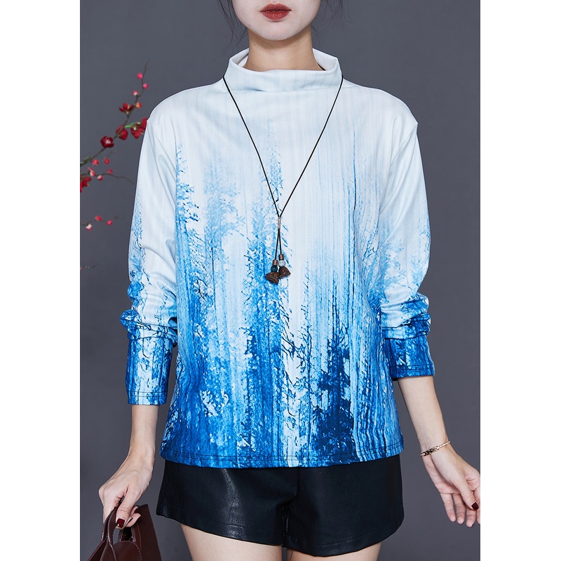 Fitted Gradient Color Turtle Neck Print Cotton Top Spring