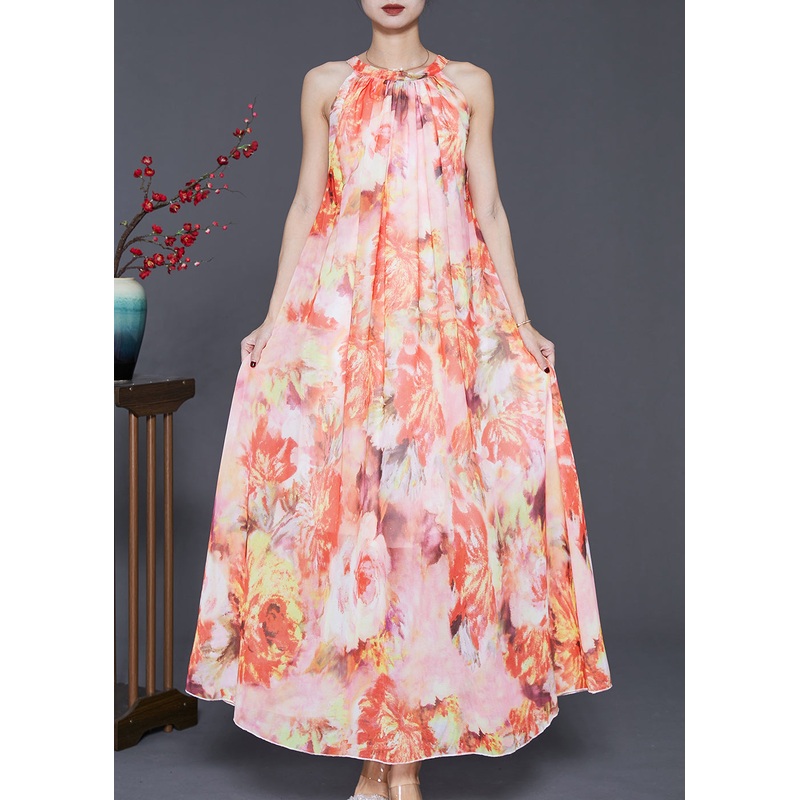 Fitted Orange Cold Shoulder Print Chiffon Long Dress Summer