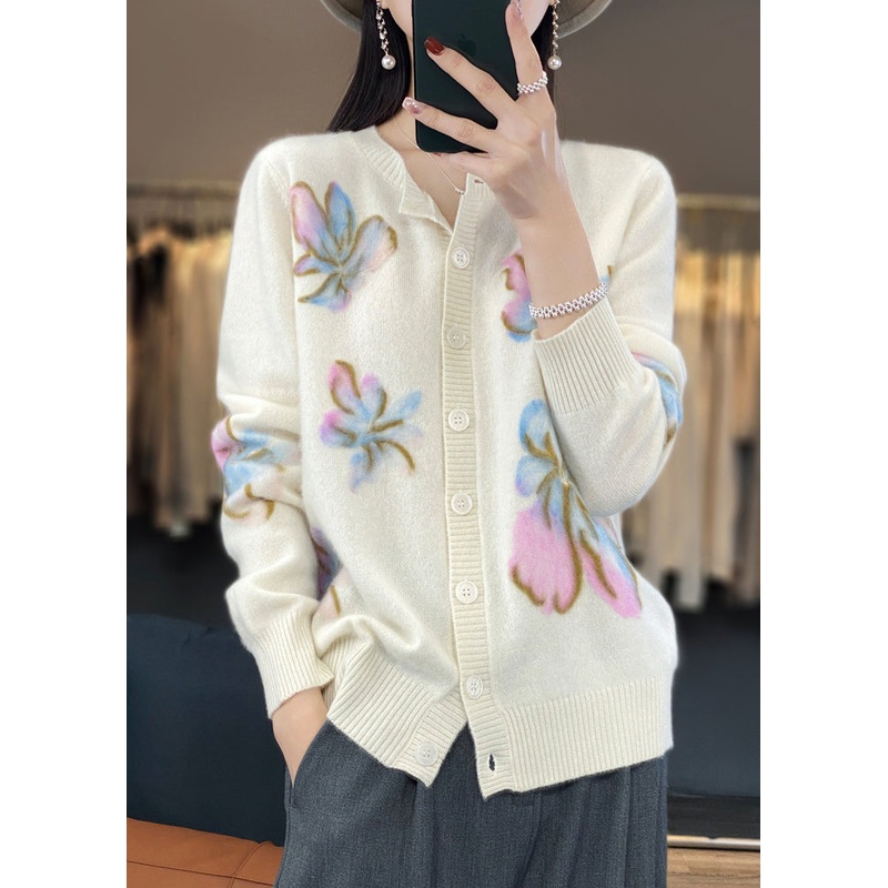 Floral White O Neck Button Cotton Knit Coat Spring