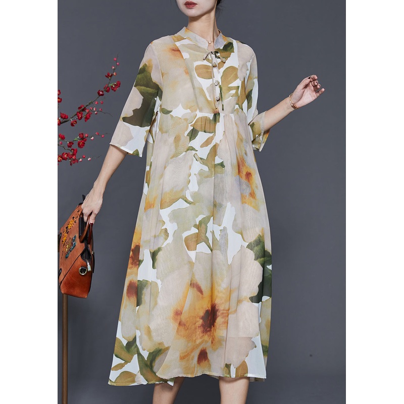 French Beige Stand Collar Print Chiffon Dress Summer