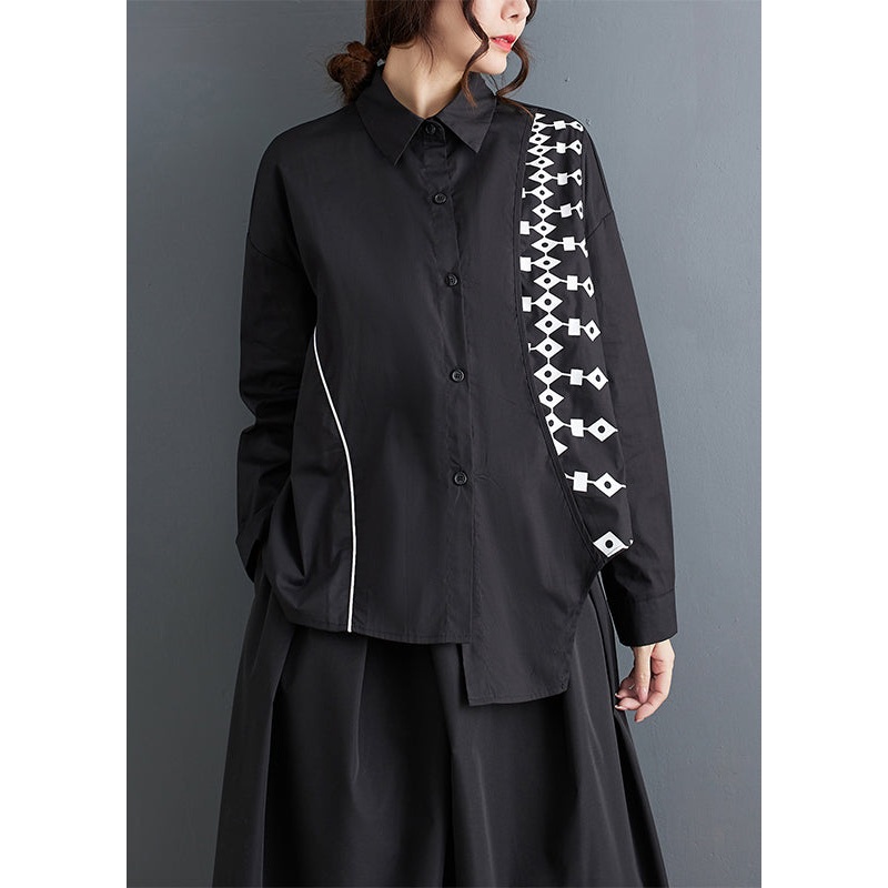 French Black Asymmetrical Print Patchwork Cotton Shirts Fall