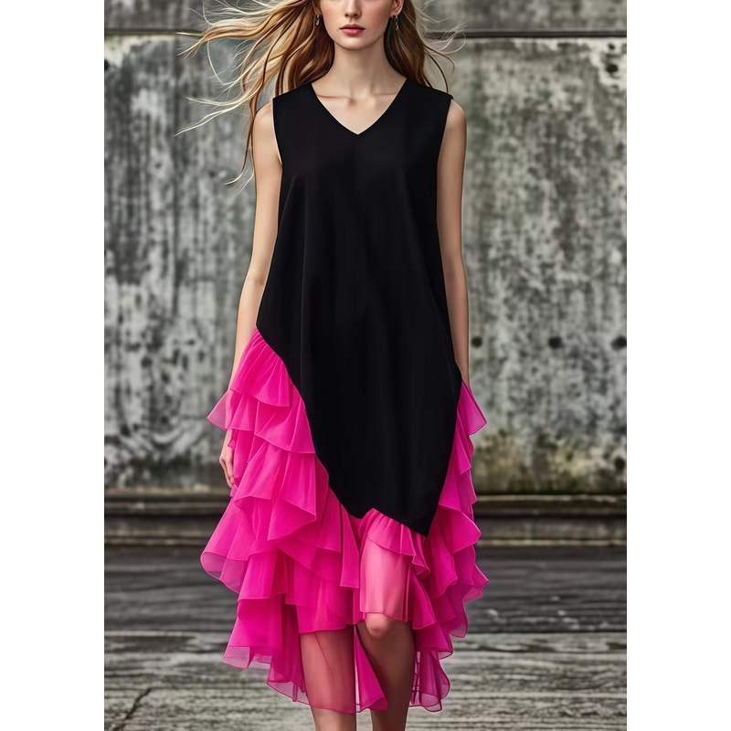 French Black Asymmetrical Tulle Patchwork Cotton Maxi Dresses Summer