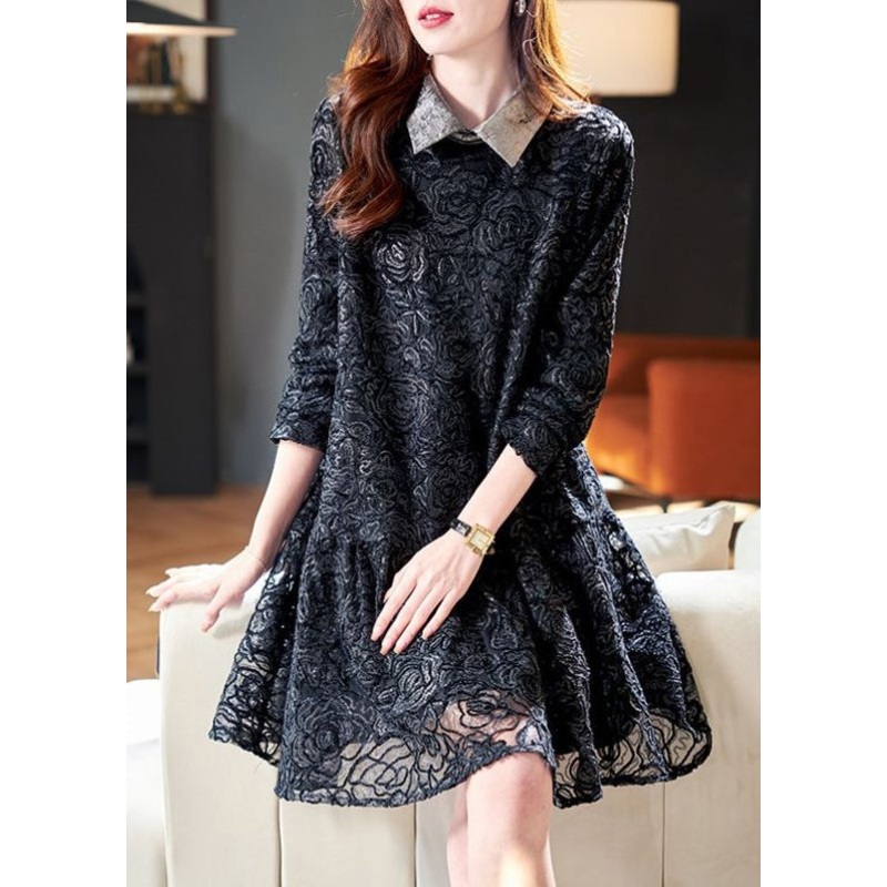 French Black Peter Pan Collar Patchwork Lace Dresses Spring