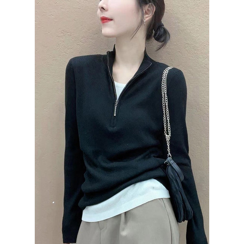 French Black Zip Up Patchwork Cozy Cotton Knit Top Long Sleeve