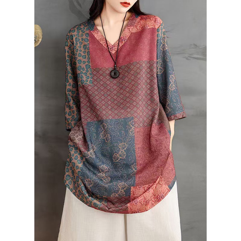 French Colorblock V Neck Print Linen Shirts Bracelet Sleeve